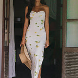 Floral Print Ruched Slit Strapless Maxi Dress