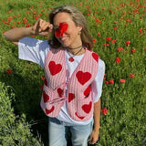 Heart Print Sleeveless Pink Bow V-neck Waistcoat