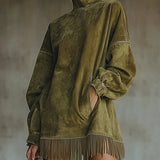 Faux Suede Turtleneck Dress With Fringe Hem