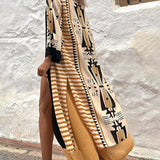 Retro Geometric Ethnic Print Open Front Slit Duster Kimono