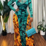 Teal & Orange Tie-Dye Mesh Panel Maxi Dress