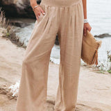 Smocked Waist Side-seam Wide Leg Linen Pants