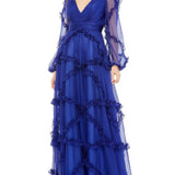 Cascading Ruffle Puff Sleeve A-Line Maxi Dress