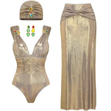 V-Neck Ruched Rhinestone One-Piece Swimsuit