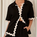 Simple Cardigan Wavy Stitching Set