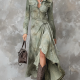 Vintage Sage Green Tie-Dye Pocket Slim Suede Maxi Dress