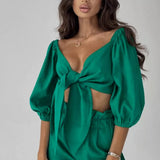Linen Wrap Front Tie Puff Sleeve Shorts Sets In Green