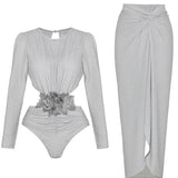 Silver Glossy Long Sleeve One-Piece Swimsuit