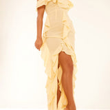 Lemon Cold Shoulder Ruffle Detail Maxi Dress
