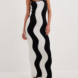 Wavy Striped Contrast Bandeau Midi Dress