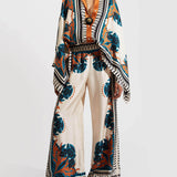 Fine Satin Floral Print Batwing Sleeve Pants Set - Orange