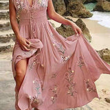 V Neck French Beach Boho Print Dress