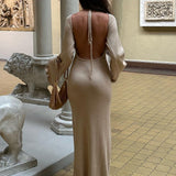 Elegant Solid Backless Maxi Dress