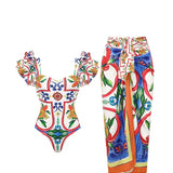 Ruffle Enamel Floral Print Swimsuit Set