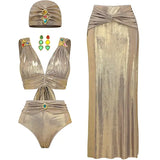 Rhinestone Ruched High-Waist Bikini Set