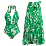 Green Halter Deep V One-Piece Swimsuit Set