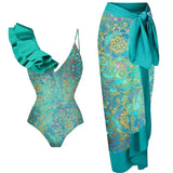 Boho Ruffle Print One Piece Swimsuit Set
