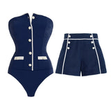 Navy Bandeau One Piece Shorts Set