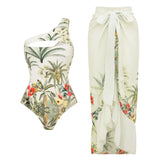 One-Shoulder Cutout Tropical Print Swimsuit