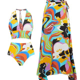 Deep V Halter Neck Print Sexy Swimsuit Set
