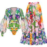 Deep V Lantern Sleeve Printed Swimsuit Set