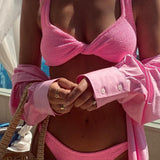 Crinkle Twist-Front Cropped High Leg Bikini Set
