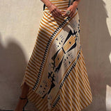High Waist Stripes Splice Printed Maxi Irregular Skirt