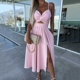 Vanette - Elegant Strappy Front Slit Midi Dress
