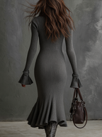 Retro Zipper Neck Trumpet Sleeve Knitted Midi Dress