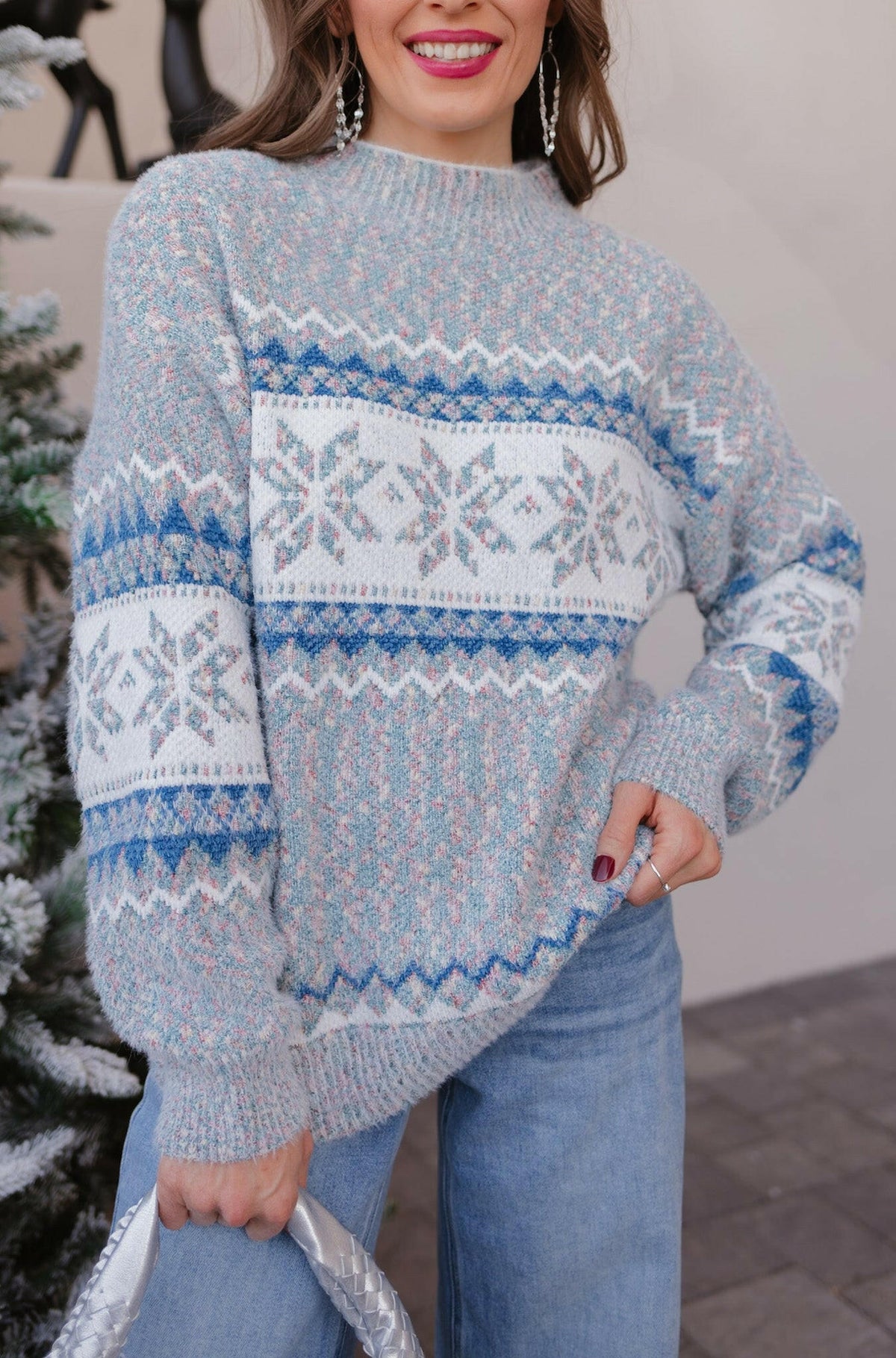 Let It Snow Snowflake Mock Neck Sweater – Cozy Winter Knit