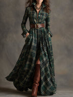 Retro Ethnic Style Lapel Reddish Brown Plaid Maxi Dress