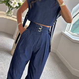 Cut Out Vest High-Neck Suit Pants Set