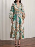 Hand-Painted Printed V-Neck Waist Midi Dress