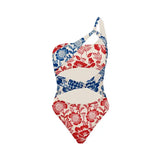 Red Blue Patchwork Ethnic Print Swimsuit