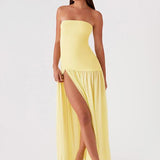 Solid Color Strapless High-Waist Split Hem Panelled Dress