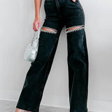 Rhinestone Detailed Distressed Straight Jeans