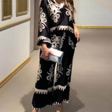 Unique Print Irregular Long Sleeve Top Long Pants Set