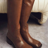 Square toe flat knee boots for women retro thick heel long boots