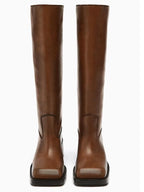 Square toe flat knee boots for women retro thick heel long boots