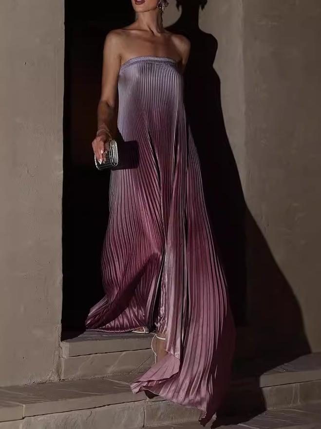 Gradient Strapless Pleated Sleeveless Dress