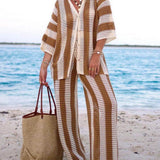 Fashion Loose V-Neck Hollow Out Striped Shirt Wide Leg Pants Set