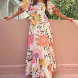 Floral Print Square Neck Bubble Sleeve Maxi Dress