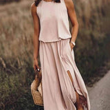 Loose Waisted Round Neck Sleeveless Slit Dress