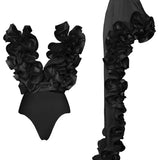 Ruffle V-Neck Black Swimsuit