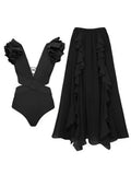 3D Floral Shoulder Detail Hollow Black Set