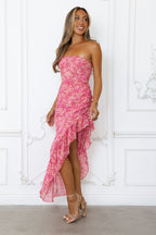 Dancing Dahlia Strapless Midi Dress | Romantic strapless dress with frill hem