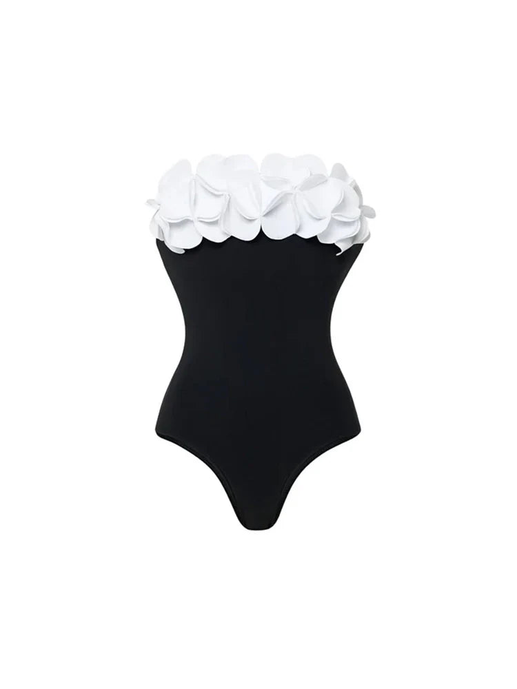 3D Floral Strapless Black Swimsuit