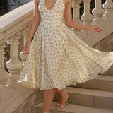 Halterneck Deep V Floral Backless Midi Dress
