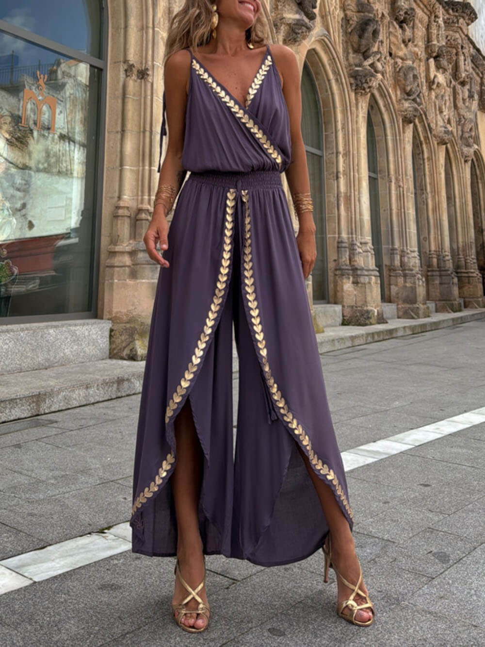 Unique Gold Trim Cross-Neck Elastic Waist Drawstring Slit Jumpsuit
