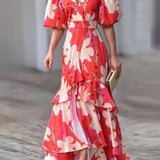 Elegant V-Neck Printed Layered Dress